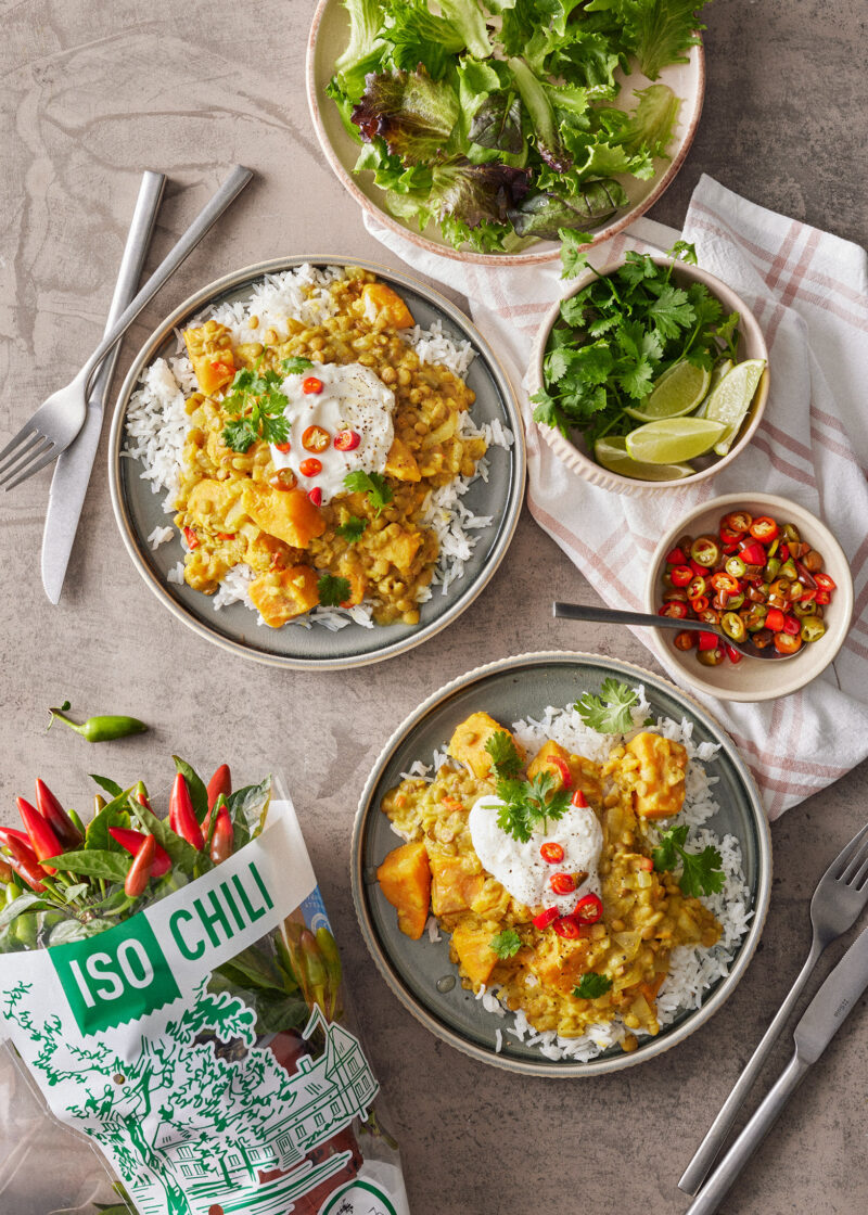 Chilillä höystetty bataatti-linssipata